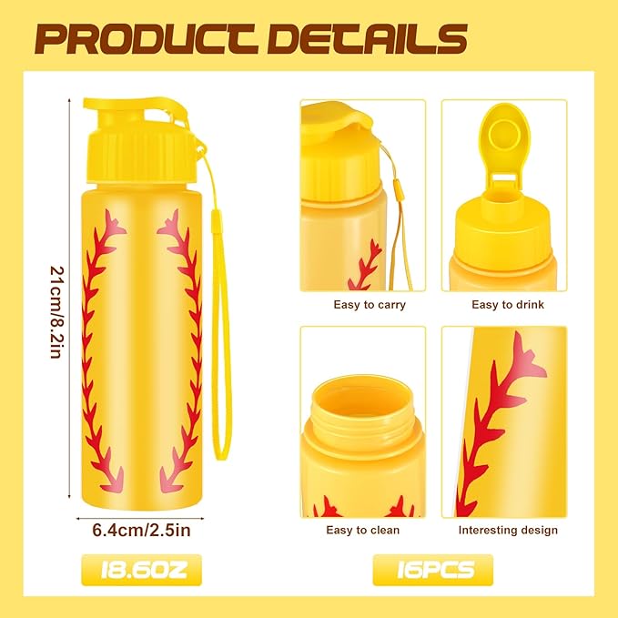 Olgaa 16 Pcs Softball Water Bottle Bulk 20 oz Softball Reusable Water Drink Bottles Sports Soft ball Accessories for Party Favor Players Lovers Team Gifts