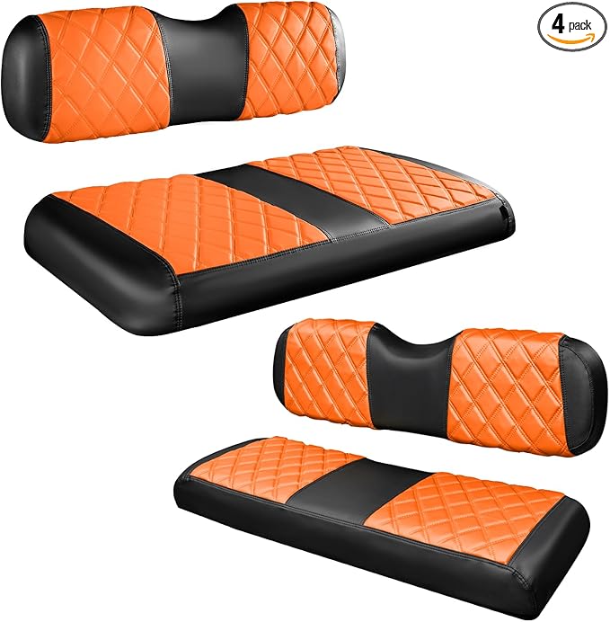 NOKINS 4PCS Golf Cart Diamond Seat Covers Kit,Front and Rear Seat Covers for Club Car Precedent/EZGO TXT/Yamaha Original Regular Seat Cushion (Orange and Black, Fit EZGO TXT 1994-2013)