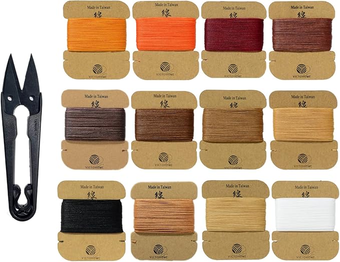 Bonded & Round Waxed Threads, 3-PLY Round Thread 12 Colors 384 Yards by VICTOHOMETHREADS