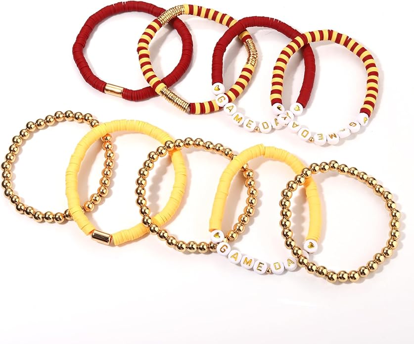 NLCAC 9 Pack Game Day Bracelets Stackable Heishi Beaded Stretchy Bracelet Preppy Jewelry Baseball Football Team Bracelets Sports Fan Accessories Gifts
