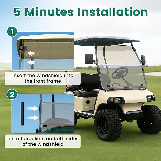 ECOTRIC Tinted Windshield Compatible with 2000.5 to Current Club Car DS Golf Cart Smoke Style Windshield Approximate Dimensions 40"W X 36.5"H Fold Down