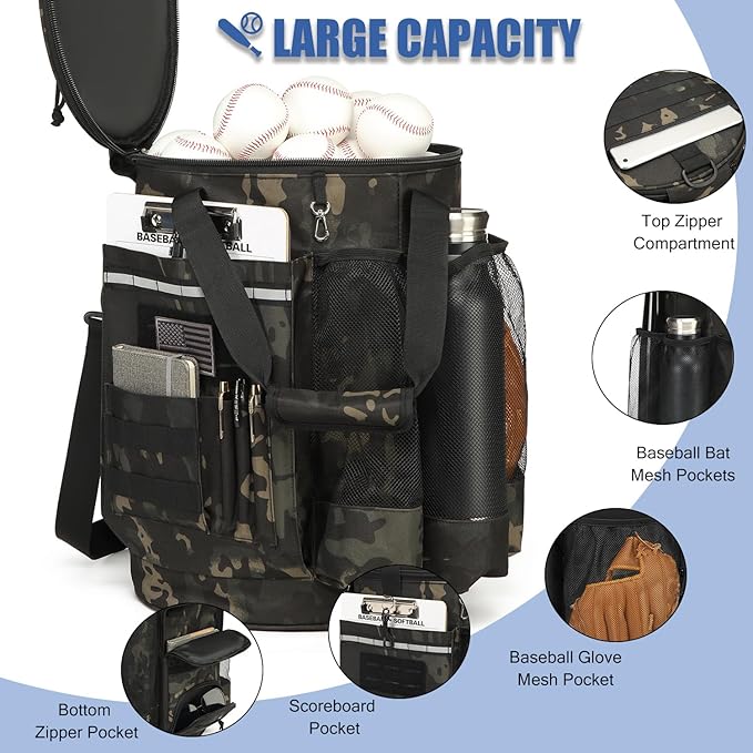Baseball Bucket Bag 6 Gallon Bucket Cover Organizer w/Padded Seat tactical Softball Coaches Bag for Balls, Bat, Gloves, Scoreboards