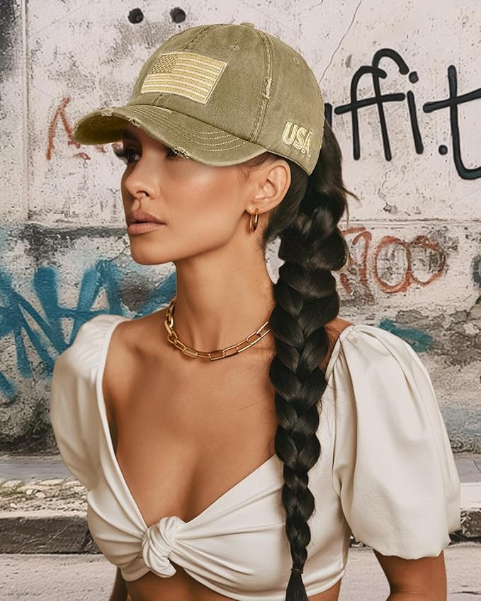 Flafens Women Pony Hats High Ponytail Baseball Caps - Cotton Vintage Washed Distressed Adjustable Criss Cross Trucker Hat