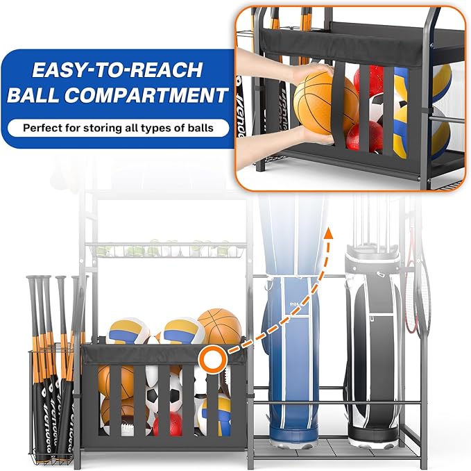 Heavy Duty Garage Sports Equipment Organizer, All-in-One Golf Bag Storage Rack & Multi-Sport Ball Holder for Basketballs, Bats & Kids Toys, Indoor/Outdoor Free Standing Gear Bin
