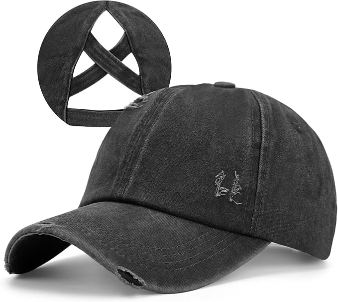 Criss Cross Ponytail Hat Women Washed Distressed Baseball Caps Adjustable High Messy Bun Ponycap