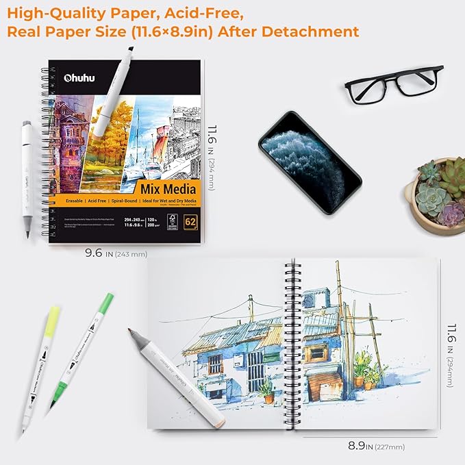 Mix Media Pad, Ohuhu Mixed Media Art Sketchbook, 120 LB/200 GSM Heavyweight - Image 3
