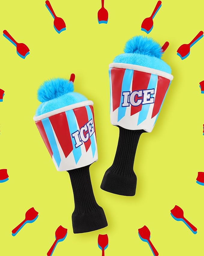 Big Teeth Funny Driver Headcover Ice & Birdiee, Driver Covers for Golf Clubs, Funny Birdie Putter Cover,Milk Shake Ice Cream Mallet Putter Cover,Blue and Red Color Golf Club Protector