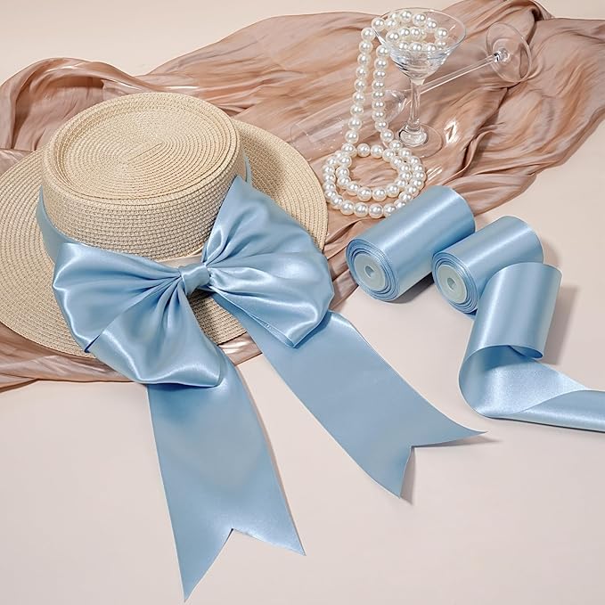 LaRibbons Light Blue Satin Ribbon 4 Inch 10 Yards Double Faced Luxury Baby Blue - Image 2