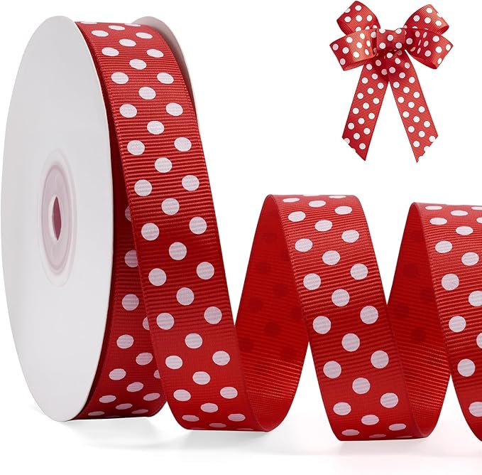 Polka Dot Grosgrain Ribbon 3/4 Inch, 25 Yards Spool Red and White Dot Craft by FAKILO