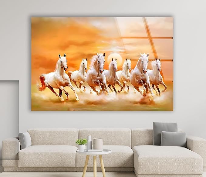 My Photostation.com 60WX40H'' White Horses Running on Sunset Glass Wall - Image 2