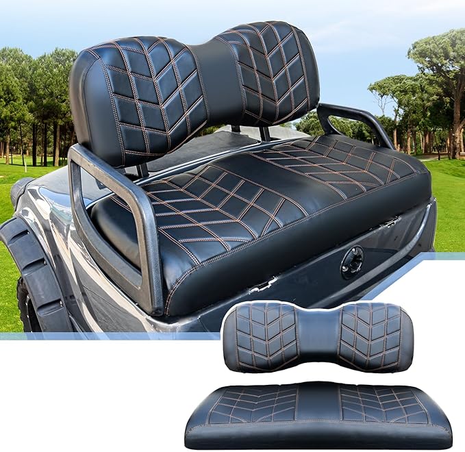 4PCS Golf Cart Seat Covers Kit, Front and Rear Seat Covers,Vinyl Seat Covers Accessories, No Staples（Black&Brown Stitch） (Fits YAMAHA/G29/Drive2)