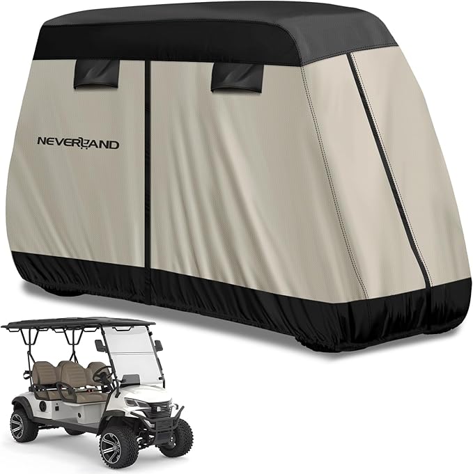 NEVERLAND Golf Cart Cover 4 Passenger - Outdoor Waterprood Golf Cart Covers, 420D Club Car Golf Cart Covers With Air Vent&Zipper Compatible with EZGO Yamaha Club Car 4 Seat (Up to 115 Inch)Black+Brown