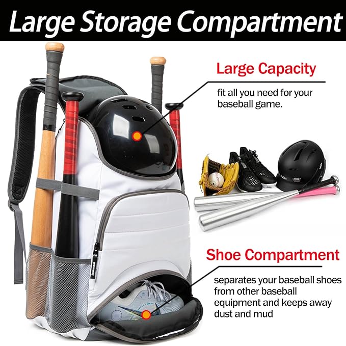 Baseball Bag - Lightweight Softball & T-Ball Backpack with Shoe Compartment for Equipment & Gear