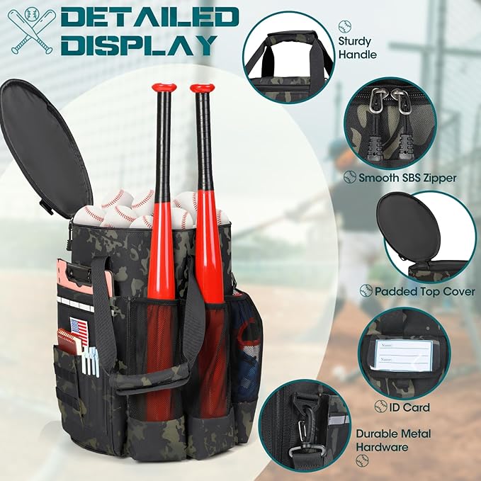 RAINSMORE Baseball Bucket Bag Baseball Coaches Accessories Organizer with Insulation Pocket Tactical Softball Bag with Anti-Slip Bottom, Multiple Pockets for Bat, Gloves, Scoreboards