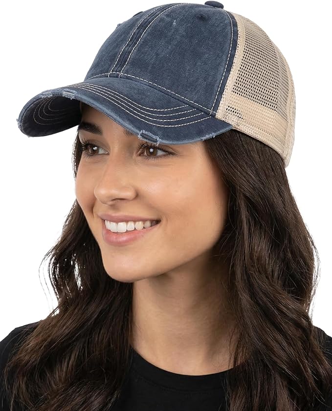 Funky Junque Trucker Hat for Women – Distressed Low Profile Western Camo Baseball Cap with Mesh, Trendy and Adjustable Fit