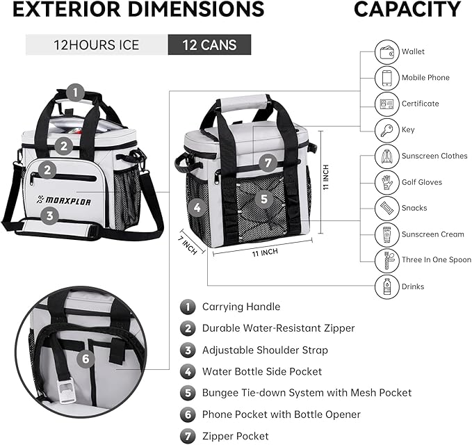 MORXPLOR Golf Cart Cooler with Magnetic Lid 12-Can Insulated Soft Cooler Bag Collapsible for Golf Cart,Golf Accessories,Lunch Camping Cooler Insulated Lunch Bag with Adjustable Shoulder Strap