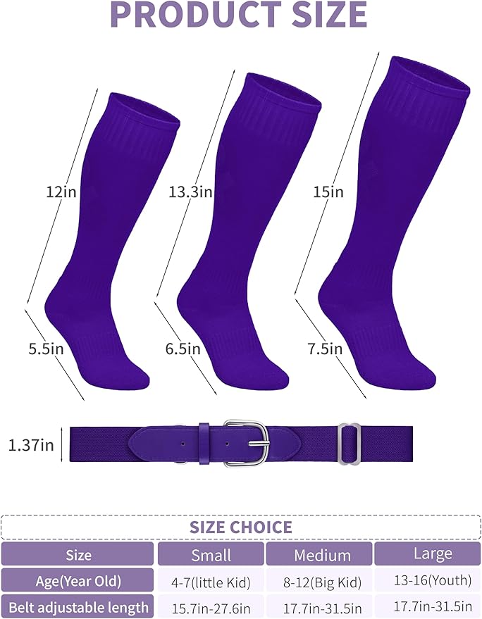 Baseball Socks and Belt Combo Set Cotton Boys Adjustable Baseball Softball Socks and Belt for Boys Girls