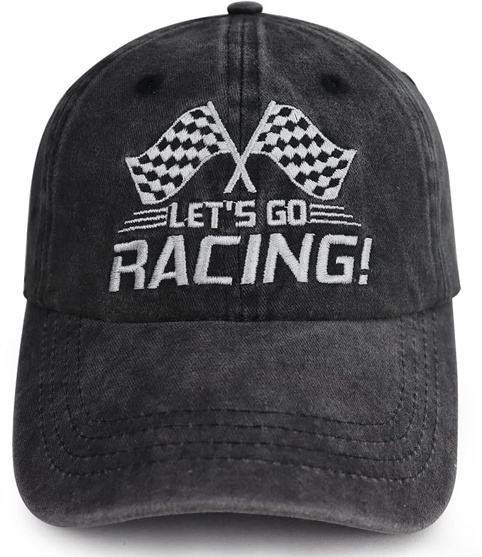 Let's Go Racing Hat for Men Women, Adjustable Embroidered Washed Cotton Checkered Flags Race Car Baseball Cap