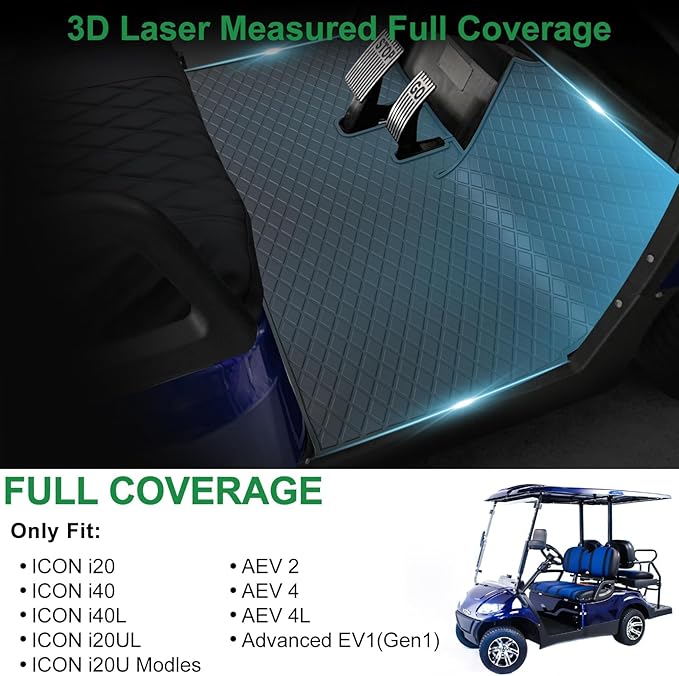 Golf Cart Floor Mat for ICON i20 i40 Full Coverage Floor Liner Mat Replacement Compatible with iCON Golf Carts (i20, i40) and Advanced EV (Gen1) Rubber Non-Slip Easy to Clean