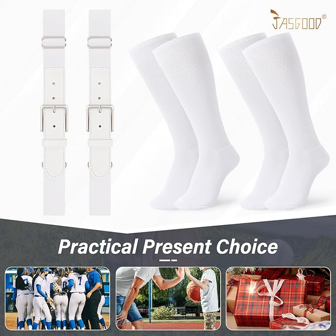 JASGOOD 2 Pack Baseball Socks and Belt Combo Set Softball Socks and Belts Elastic Waist Belt for Youth and Adult Boys