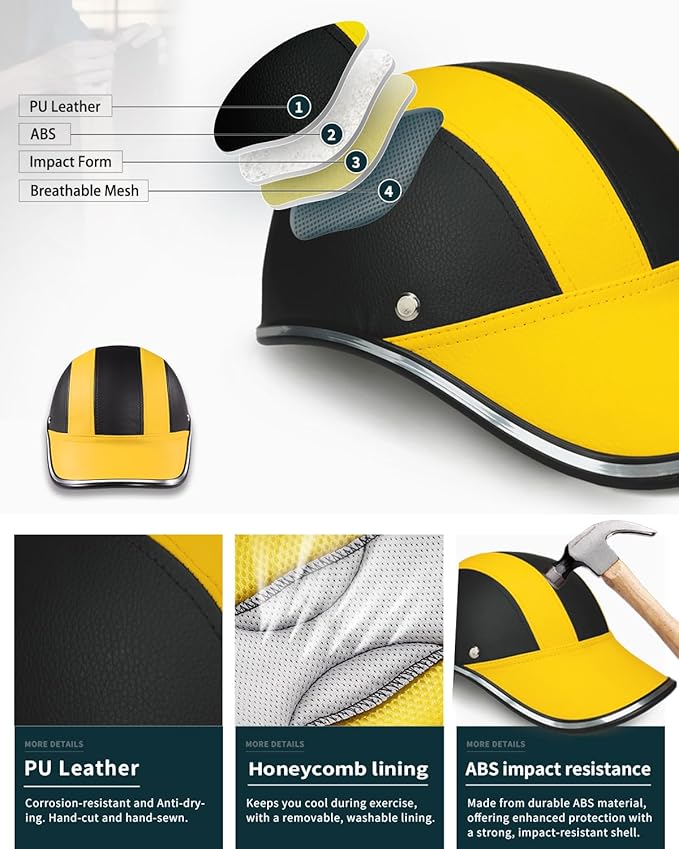 Adult Baseball Cap Helmet - Urban Style for Golf, Low Profile Urban Commute PU Retro Leather Hat for Men & Women