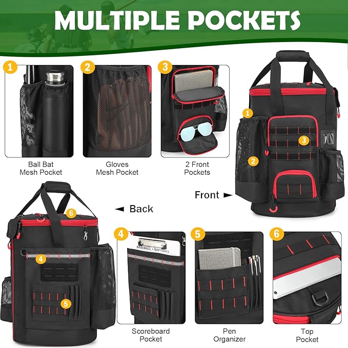 Baseball Bucket Bag Baseball Coaching Accessories Organizer Softball Bucket Bag with Anti-Slip Bottom & Multiple Pockets for Bat, Gloves, Scoreboards