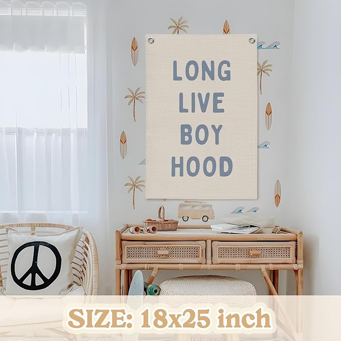 Blue Long Live Boyhood Linen Canvas Banner, Boy Room Decor, Nursery Playroom - Image 2