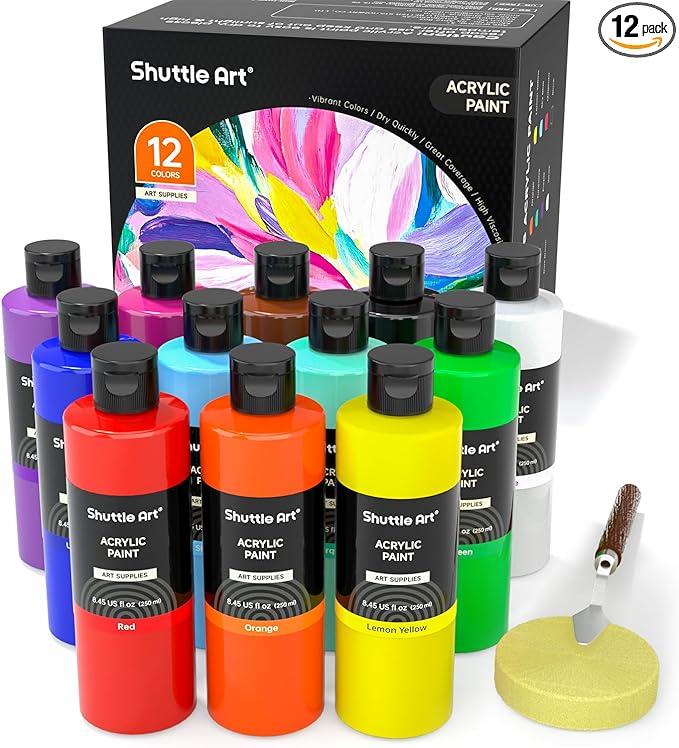 Shuttle Art 12 Colors Acrylic Paint, 250ml/8.45oz Bottles Acrylic Paint Set by ShuttleArt