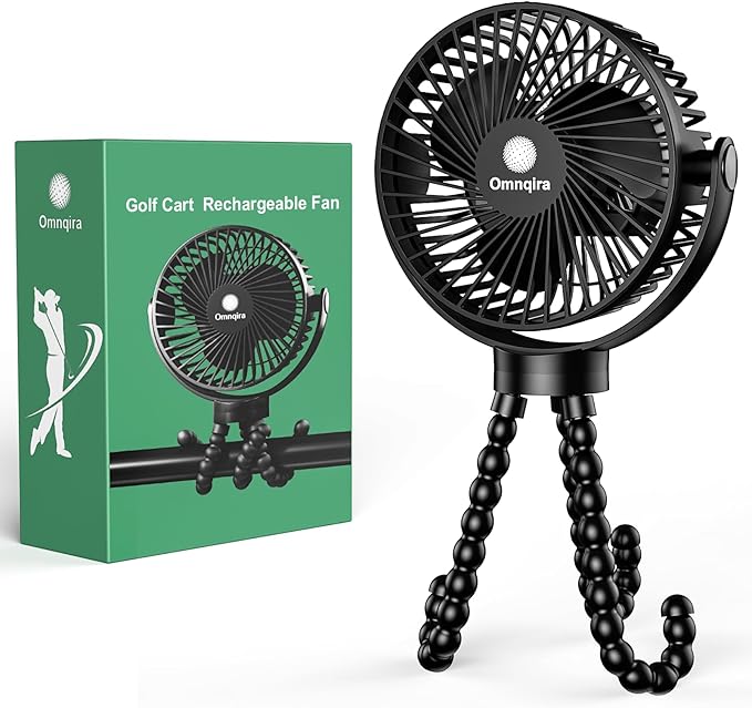 Golf Cart Fan Rechargeable, 12000mAh Battery Operated Portable Fan with 3 Speeds & Timer 360°Rotatable, Golf Palyer Essential Compatible with EZGO Club Car Yamaha Golf Accessories Gifts for Men Women