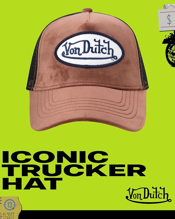 Von Dutch Unisex Trucker Hat - Velvet Curved Bill Mesh Back Retro Classic Adjustable Snapback Baseball Cap for Men and Women