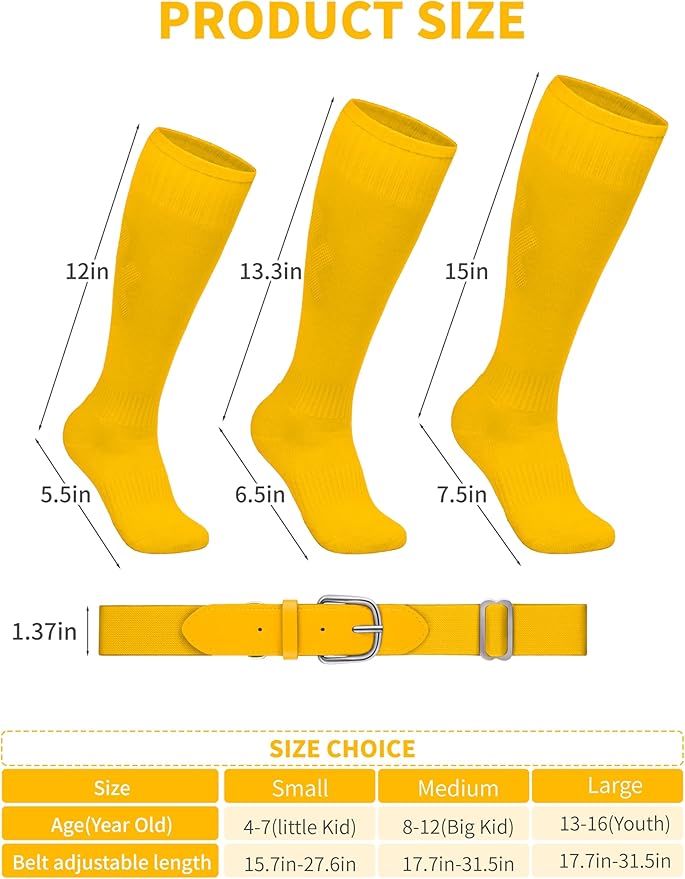 Baseball Socks and Belt Combo Set Cotton Boys Adjustable Baseball Softball Socks and Belt for Boys Girls