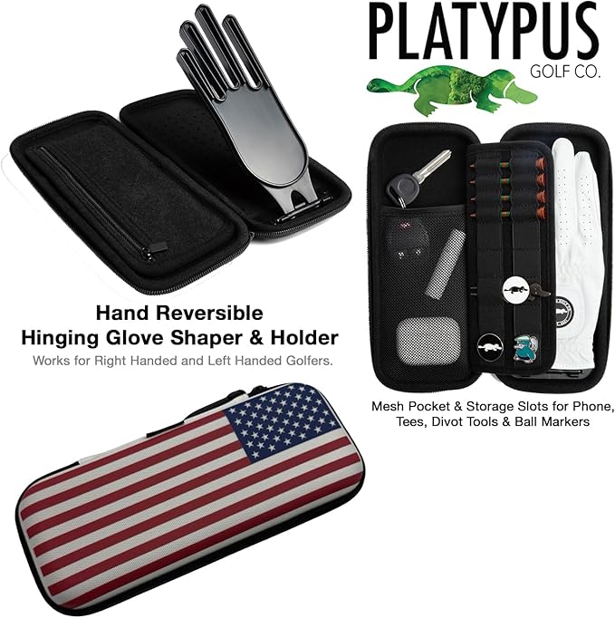 Platypus Golf Co. Golfing Caddie Hard Travel Case Organizer - Hinging Glove Shaper & Holder - Mesh Pocket & Storage Slots for Phone, Tees, Divot Tools & Ball Markers - Golfers Cases for Men & Women