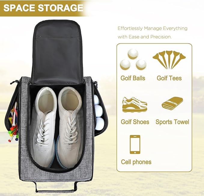 Goloni Golf Shoe Bag for Men Women, Ventilated Golf Shoe Bag with Side Pockets, Lightweight Portable Golf Shoe Carrier for Golf Shoes, Tees, Balls & Accessories,Gray