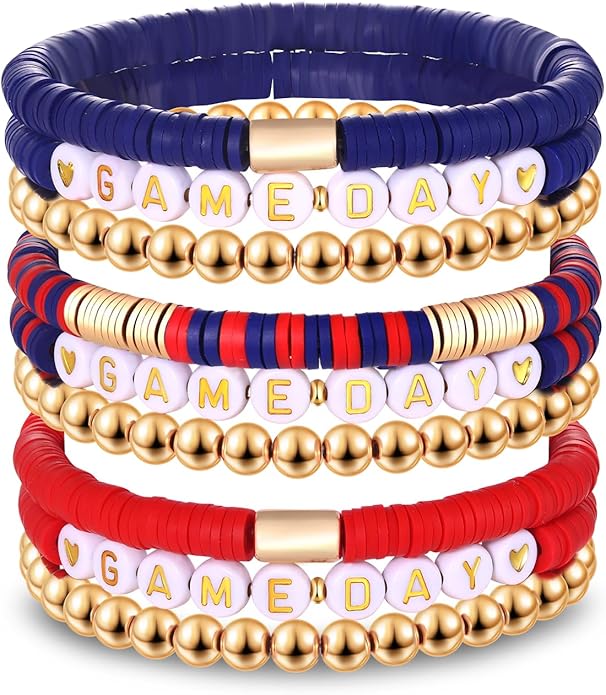 NLCAC 9 Pack Game Day Bracelets Stackable Heishi Beaded Stretchy Bracelet Preppy Jewelry Baseball Football Team Bracelets Sports Fan Accessories Gifts