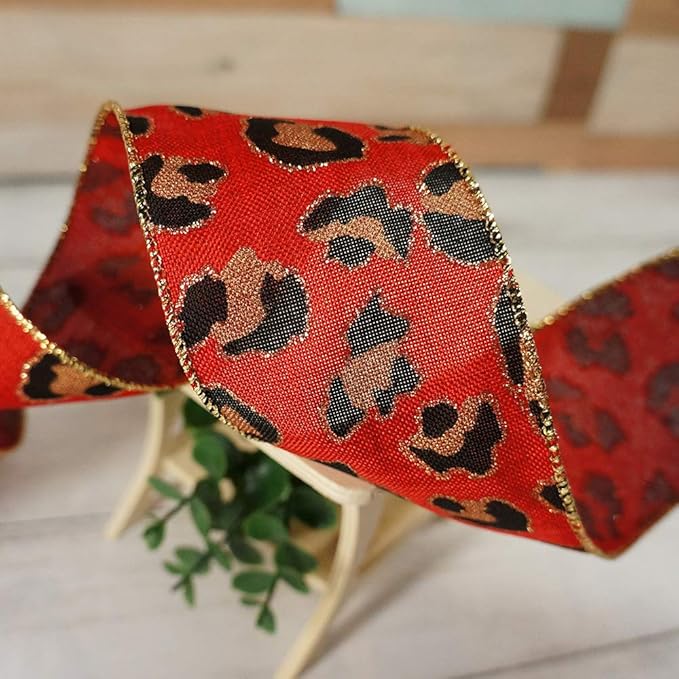 CT CRAFT LLC Burlap Leopard Fabric Wired Ribbon 2.5" x 10 Yards Red - Image 5