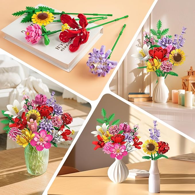 Flower Bouquet Building Set, 18 Flowers Rose Sunflower Home Plant Decor - Image 5