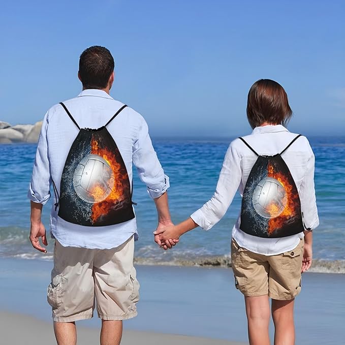 Volleyball Drawstring Bag Sports Drawstring Backpack for Kids Teens Boys Girls Adults Women Men, Sport Gym Swim Travel Work Hiking Daypack Bag with Water and Fire Pattern Printed, Small