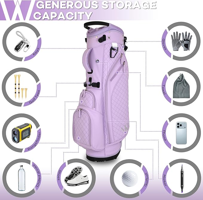 Luxury Womens Golf Bag, PU Leather Golf Stand Bag for Women/Ladies, 14-Way Full-Length Top Dividers, Ultra Lightweight, Large Pockets for Accessories
