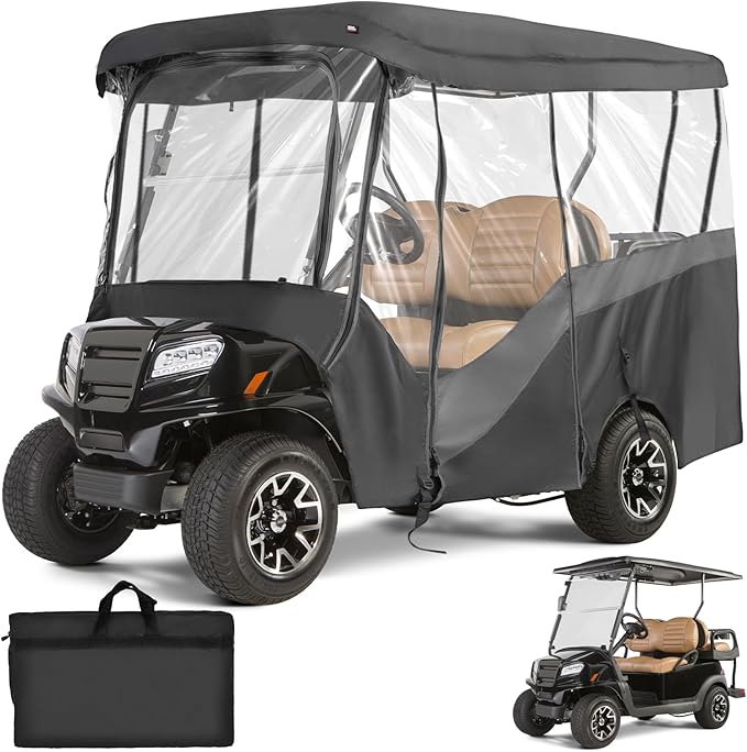 KEMIMOTO Golf Cart Enclosure, 4 Passenger Golf Cart Rain Cover, 600D Waterproof Driving Enclosure with Clear PVC Windshield for Extended Roof Golf Cart