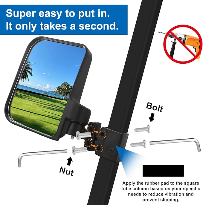 Golf Cart Folding Mirrors, No Drilling Side Rear View Mirrors for Yamaha, Club Car, EZGO, Multi-angle Adjustment (B- Clips-Golf)