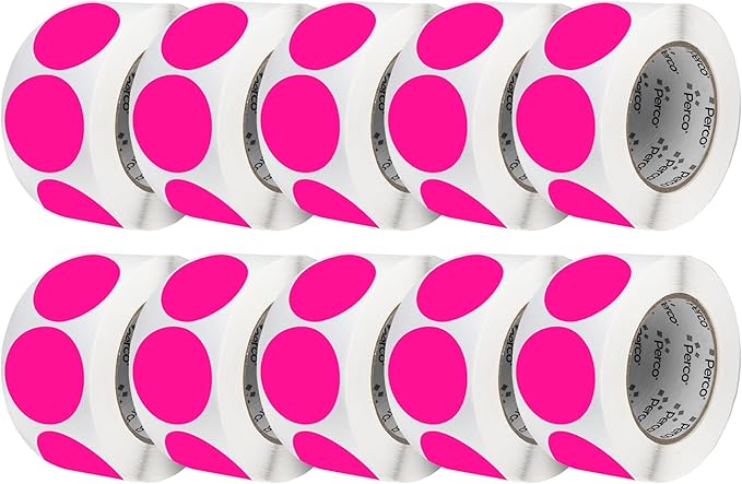 Perco Fluorescent Pink 3-Inch Perforated Circle Dot Sticker Labels — 10 Rolls by Perco
