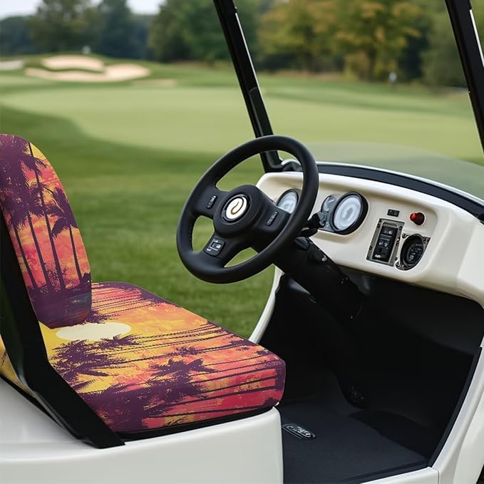 Bulopur Sunset Palm Tree Golf Cart Seat Covers Club Car Precedent Non-Slip Breathable Golf Car Cushion Cover and Backrest Cover 2 Pack