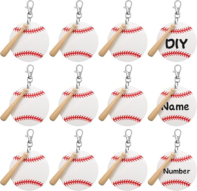 Cunno 36 Pcs Basketball Baseball Softball Tennis Acrylic Keychain Blank Kit 12 Acrylic Keyring 12 Swivel Snap Hook Keychain(White Baseball, 3 Inch)