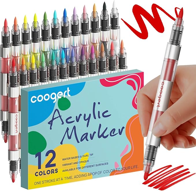 12 Automatic Ink Control Acrylic Paint Markers Dual Tip, No Bleed Brush Medium by CoogertPaintPens