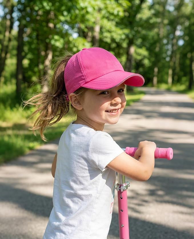 Little Girls Reflective Baseball Cap Criss Cross Ponytail Hat Kids Quick Dry Mesh Summer Sports Hat for Toddler Ages 3-8
