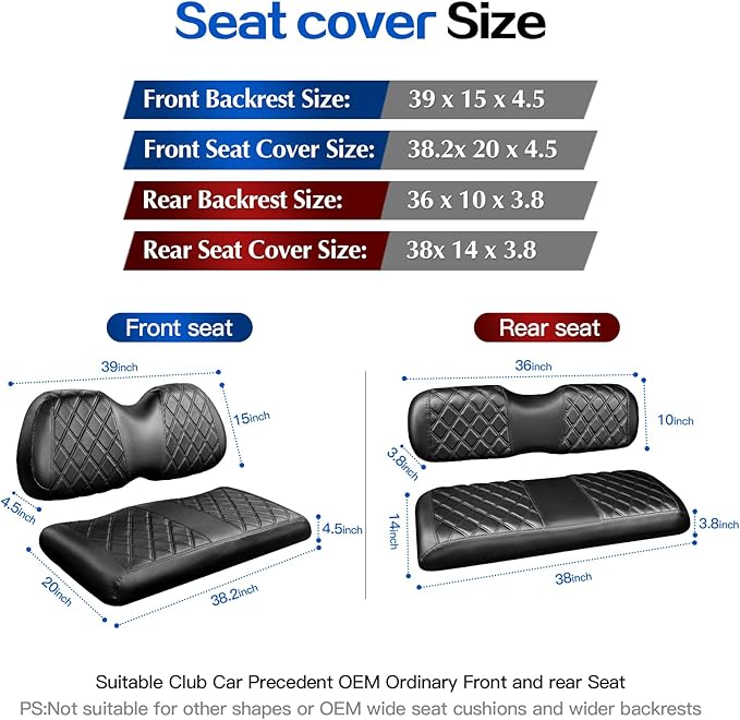 NOKINS 4PCS Golf Cart Diamond Seat Covers Kit,Front and Rear Seat Covers for Club Car Precedent/EZGO TXT/Yamaha Original Regular Seat Cushion (Black&Black Stitching, Club Car Precedent)