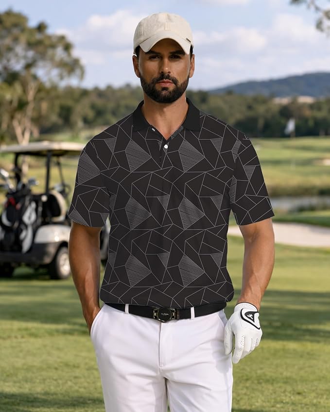 KUYIGO Mens Polo Shirt Quick Dry Moisture Wicking UPF 40+ Performance Printed Short Sleeve Summer Tennis Golf Shirt