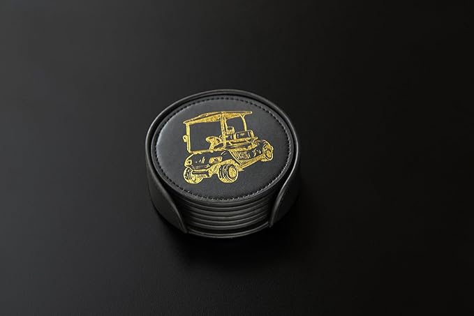 NOBLESIP® Golf Theme Coaster Set of 6 with Holder, Premium Black with Gold Designs, Bar Accessories for Golf Enthusiasts. Unique Decorative Designs. Home bar Gift, Golfer Gift