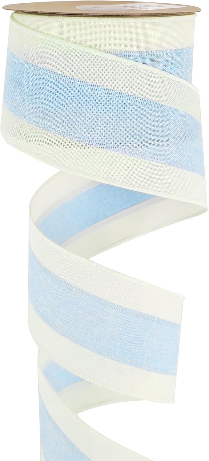MEEDEE Blue and White Stripe Ribbon Wired Ribbon 2.5 Inch Light Blue Burlap by MEEDEE