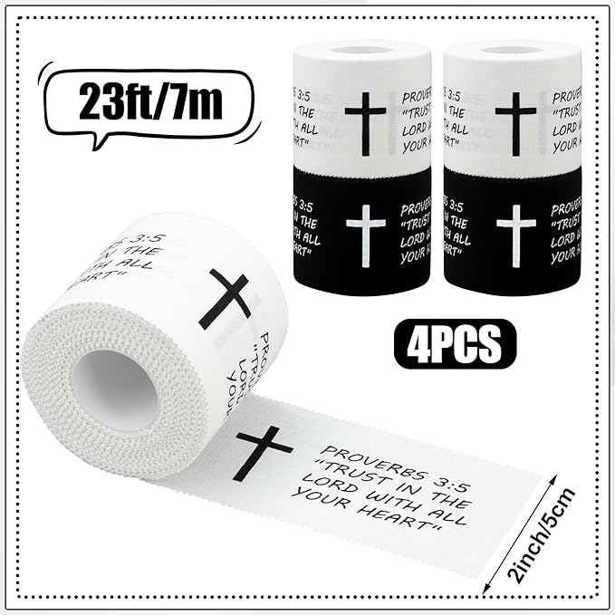 4 Pcs Christian Athletic Tapes 2in x 23ft Religious Bible Verse Sport Tape White Black Cross Athletic Wrist Tapes for Sports Gymnastics Football Baseball Tennis Boxing Athlete First Aid Injury Wrap